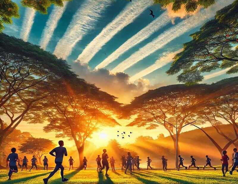 People jogging and exercising in a vibrant park during sunrise, with trees lining the path and long shadows cast across the grassy landscape. The sky features streaks of clouds, and birds are flying, creating a serene and energetic morning atmosphere.