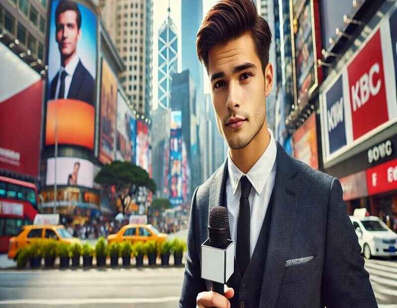 A young male reporter in a suit holding a microphone, standing confidently on a busy urban street with skyscrapers and colorful billboards in the background.