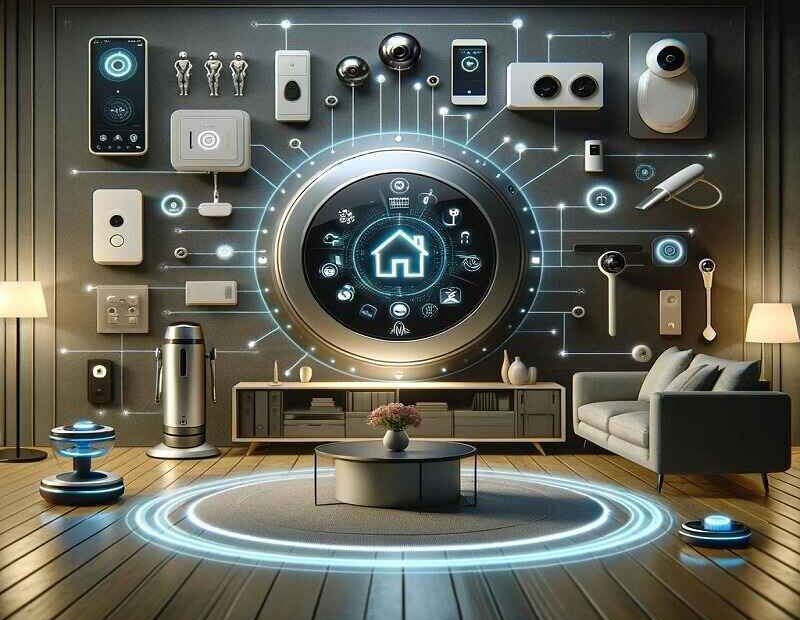 A futuristic smart home control hub displayed in a modern living room, surrounded by interconnected smart devices like security cameras, thermostats, and robotic vacuum cleaners. The sleek digital interface on the wall controls various smart home features, all linked by glowing lines, creating a high-tech environment in a minimalist setting.