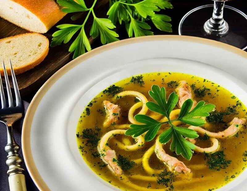 A beautifully presented bowl of chicken neck soup garnished with fresh parsley, accompanied by slices of bread and a glass of wine, showcasing a rich broth with noodles and tender chicken pieces.