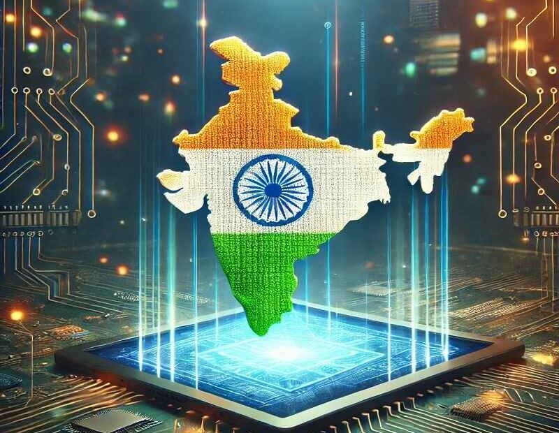 Digital representation of India map in flag colors on a futuristic tech background, symbolizing India's technological advancement.
