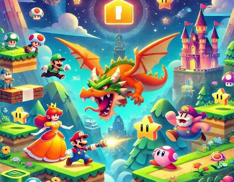 Fantasy-inspired image featuring a brave plumber, a princess, and their companions in a vibrant, magical world with floating platforms, a castle in the background, and a fierce dragon-like creature, all depicted in bright and playful colors.