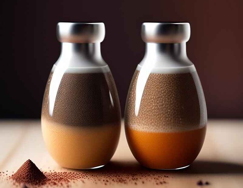 Two glass containers filled with layered coffee-flavored liquids, placed side by side, with a small pile of ground coffee powder in front, showcasing a smooth texture and gradient effect.