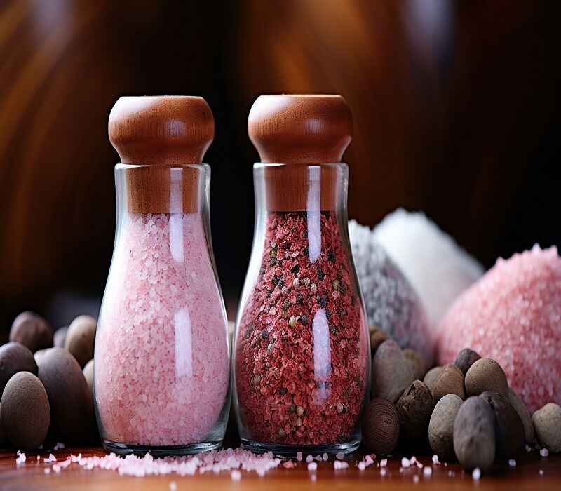 Two glass jars filled with pink Himalayan salt and mixed peppercorns, placed side by side, with additional salt and pepper scattered around, highlighting a culinary spice setup.