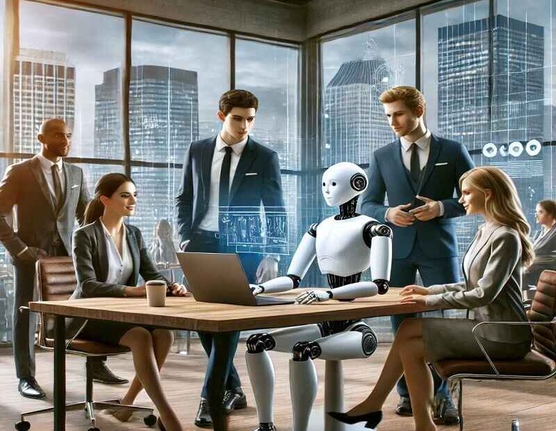 Business professionals collaborating in an office with a humanoid robot, discussing data on a laptop in front of a city skyline.