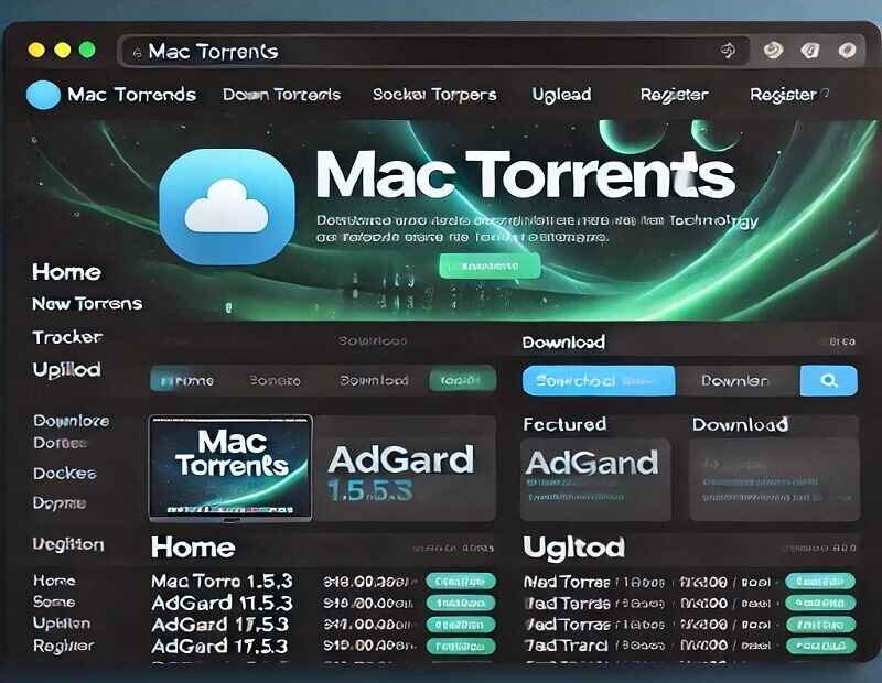 Modern website homepage for Mac Torrents featuring a search bar, navigation menu, download sections, and highlighted software download for AdGuard.