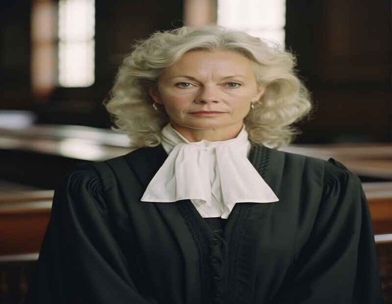 A woman with white hair, dressed in formal legal attire, stands confidently in a courtroom, appearing as a lawyer or judge.