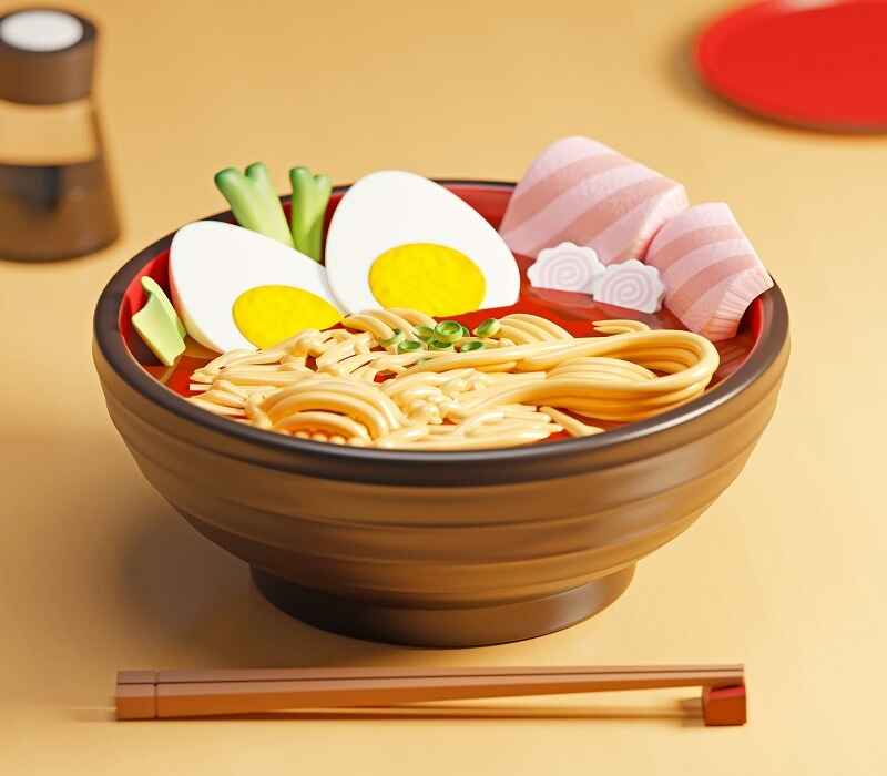 A bowl of ramen with noodles, sliced pork, boiled eggs, green onions, and narutomaki fish cake, accompanied by chopsticks.