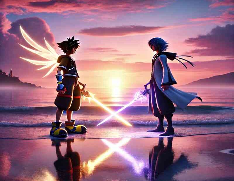 Sora and Riku standing on a beach at sunset, facing each other with glowing swords crossed, symbolizing their friendship and rivalry against a vibrant, colorful sky.