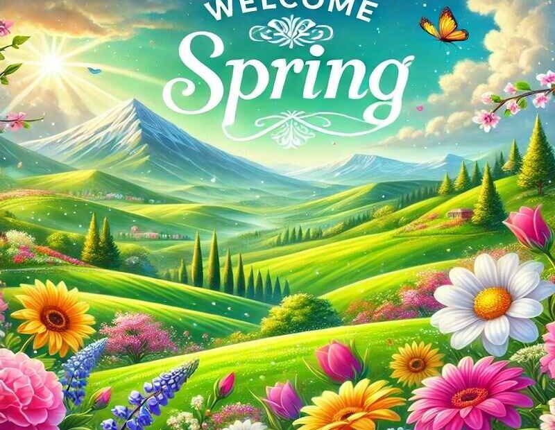 Colorful spring landscape with rolling green hills, blooming flowers, mountains, and a bright sky. The text 'Welcome Spring' is centered in elegant white font.