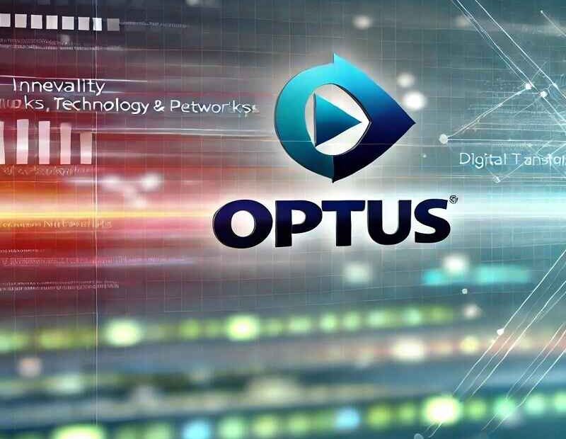 Optus logo with a futuristic digital background symbolizing innovation and telecommunications technology.