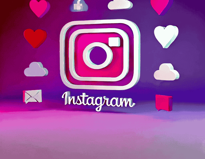 Instagram logo surrounded by social media interaction icons like hearts, likes, and comments, set against a purple-to-pink gradient background.