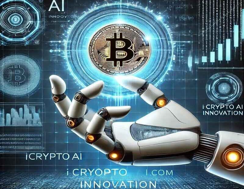 Robotic hand holding a glowing digital Bitcoin coin, symbolizing AI-powered cryptocurrency trading by iCryptoAI.com, with futuristic binary code and financial graphs in the background.