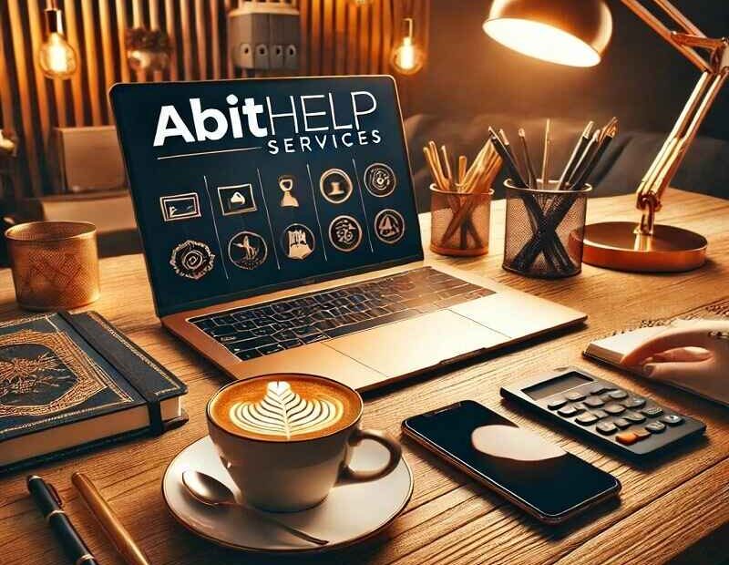 Professional workspace with AbitHelp Services branding on laptop and smartphone, warm lighting, coffee cup, notebook, and desk accessories.