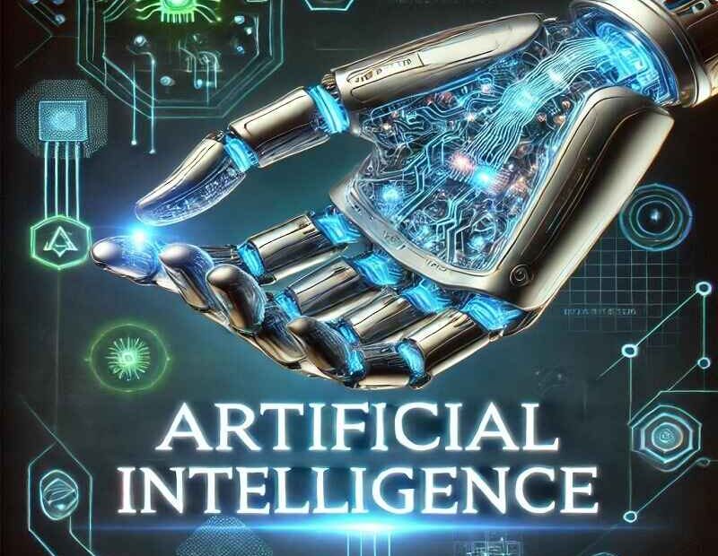 "Robotic hand holding glowing 'Artificial Intelligence' text with digital symbols in the background."