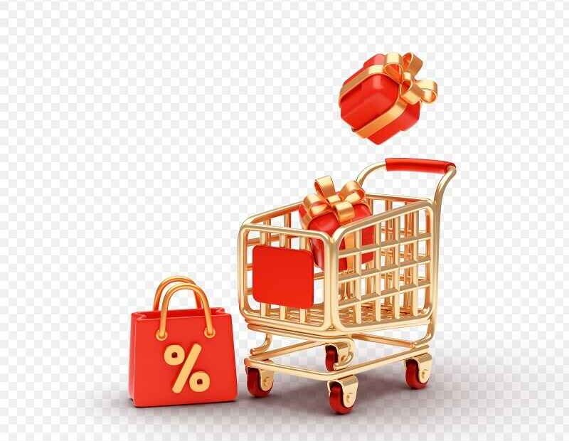 Shopping cart with gift boxes and discount bag icon, symbolizing online shopping deals and promotions.