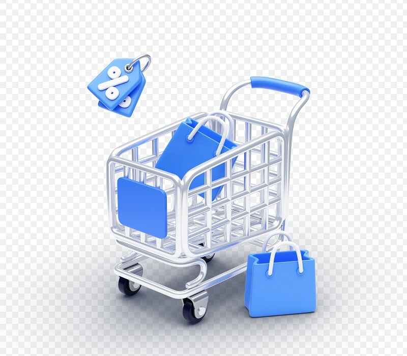 Shopping cart with shopping bags and discount tags, representing online shopping offers and discounts.