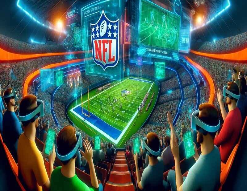 A vibrant sports stadium filled with fans wearing VR headsets, experiencing a live NFL game enhanced by augmented reality technology, showcasing holographic displays of player stats and dynamic camera angles.