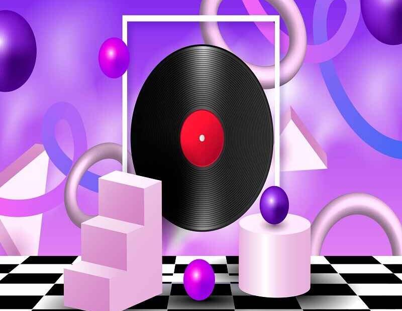 Abstract digital art featuring a vinyl record with geometric shapes and vibrant purple tones.