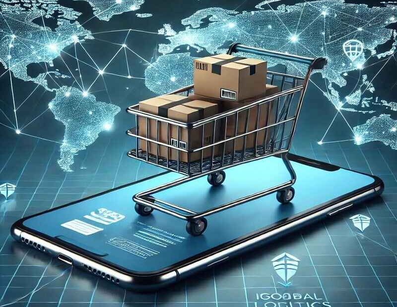 Shopping cart with packages on smartphone, symbolizing global e-commerce and logistics network.