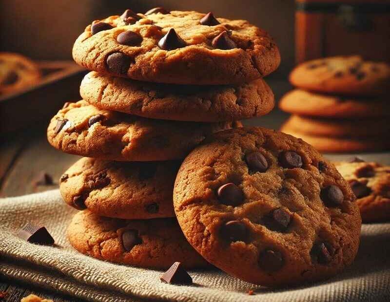 Close-up of a stack of freshly baked chocolate chip cookies on a textured cloth. The cookies are golden brown, with large, visible chocolate chips, giving a homemade, rustic feel. Crumbs are scattered around, enhancing the warm and inviting atmosphere, set against a dark wooden background.