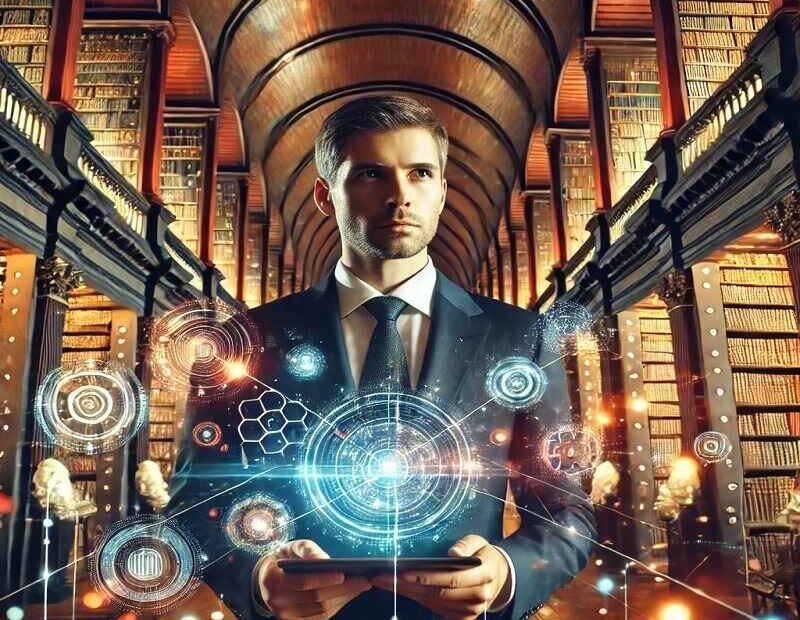 A man in a suit stands in an ornate library, surrounded by glowing holographic symbols and digital data streams, holding a tablet with a focused expression.