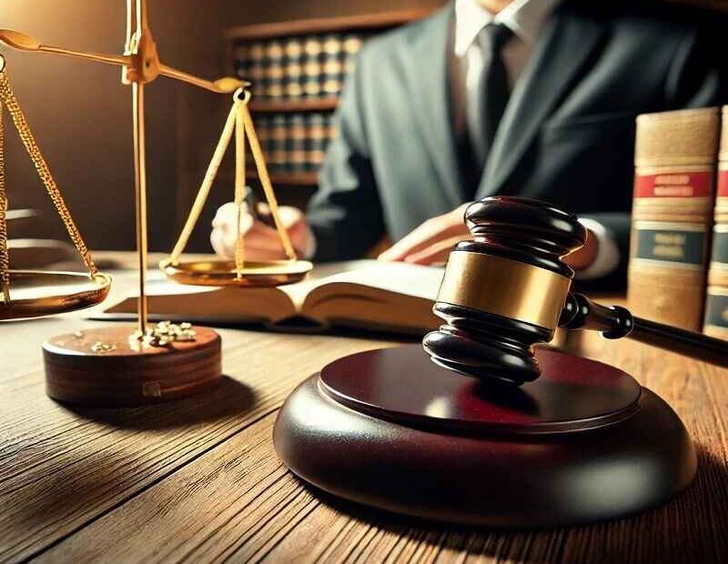 Close-up of a gavel, scales of justice, and open legal book on a wooden desk in a law office, with a lawyer writing in the background.